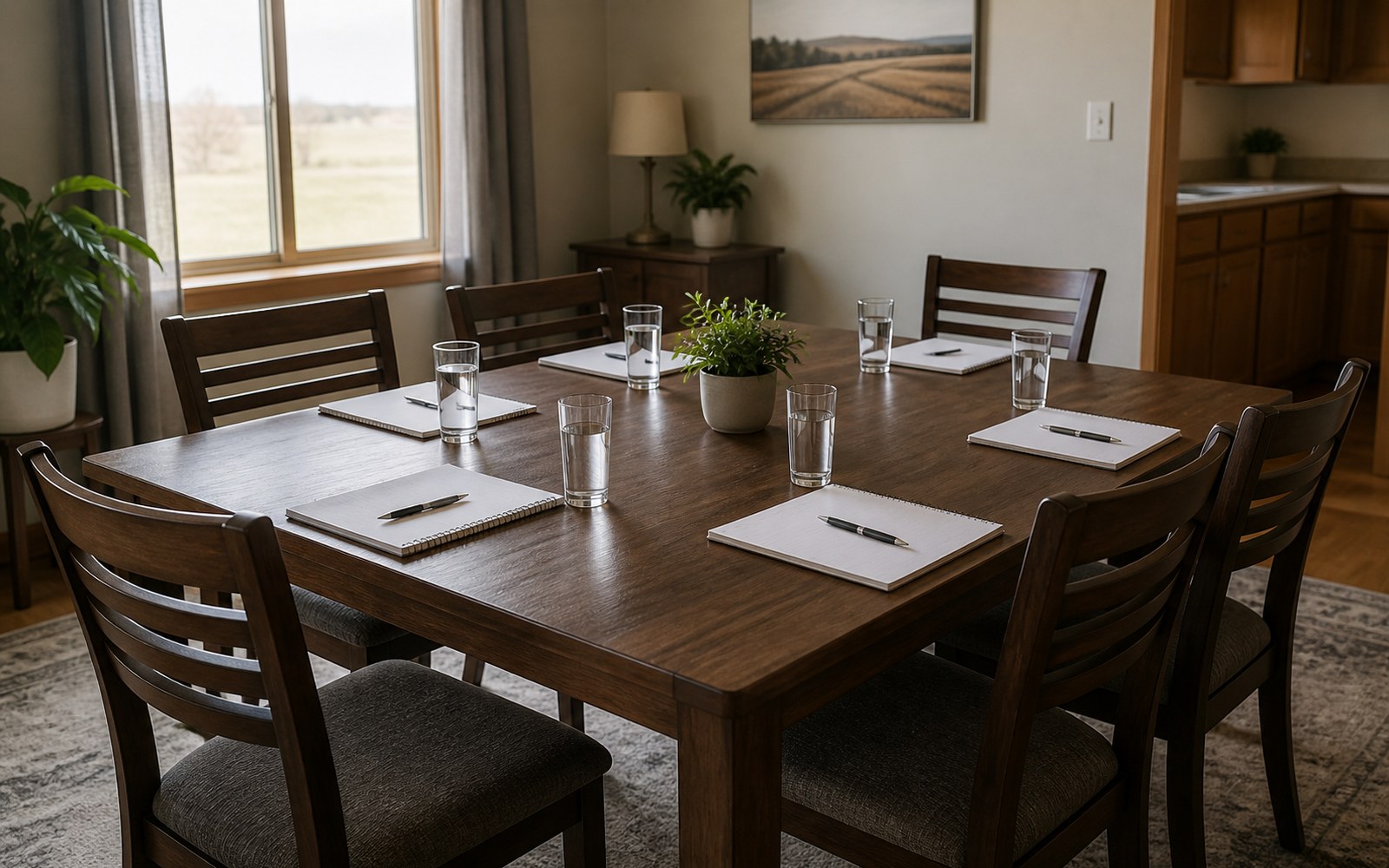 Shared dining table prepared for a recovery housing community meeting