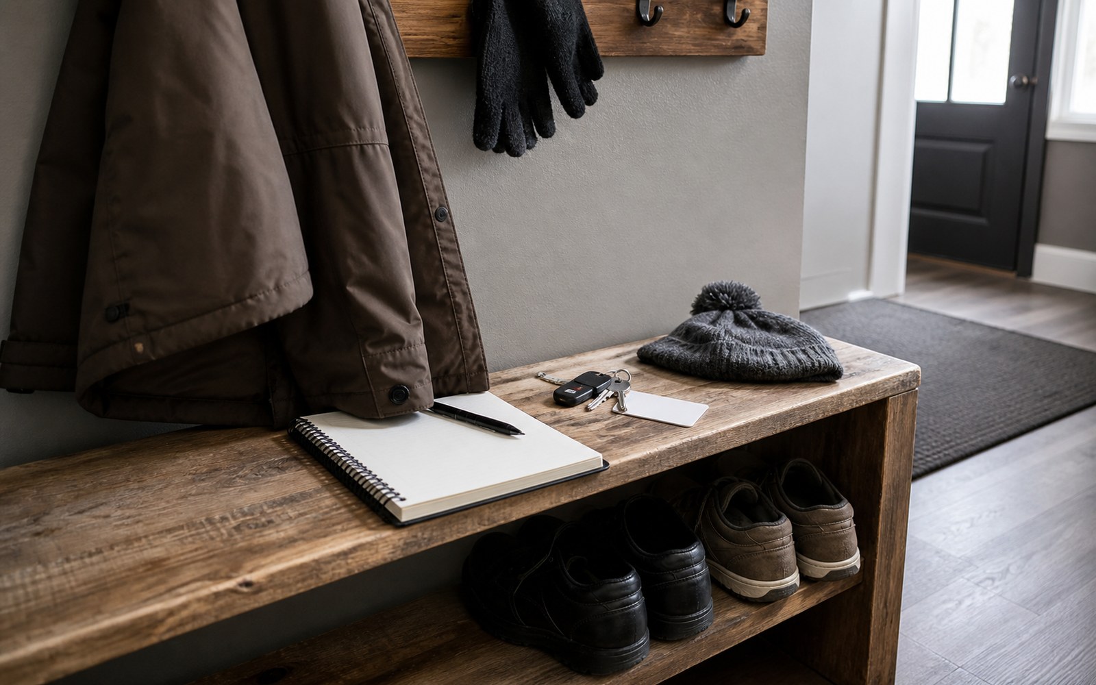 Organized entry bench with winter clothing and daily-planning items