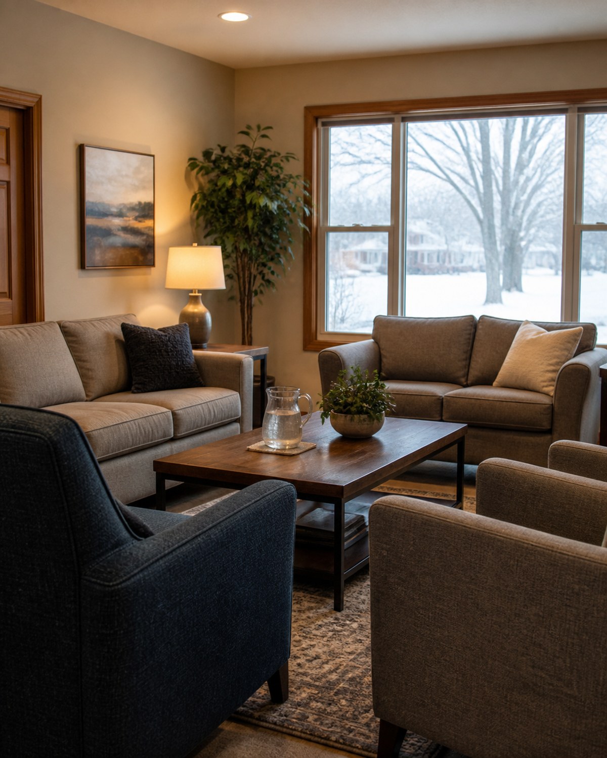 Comfortable shared living room arranged for conversation and community