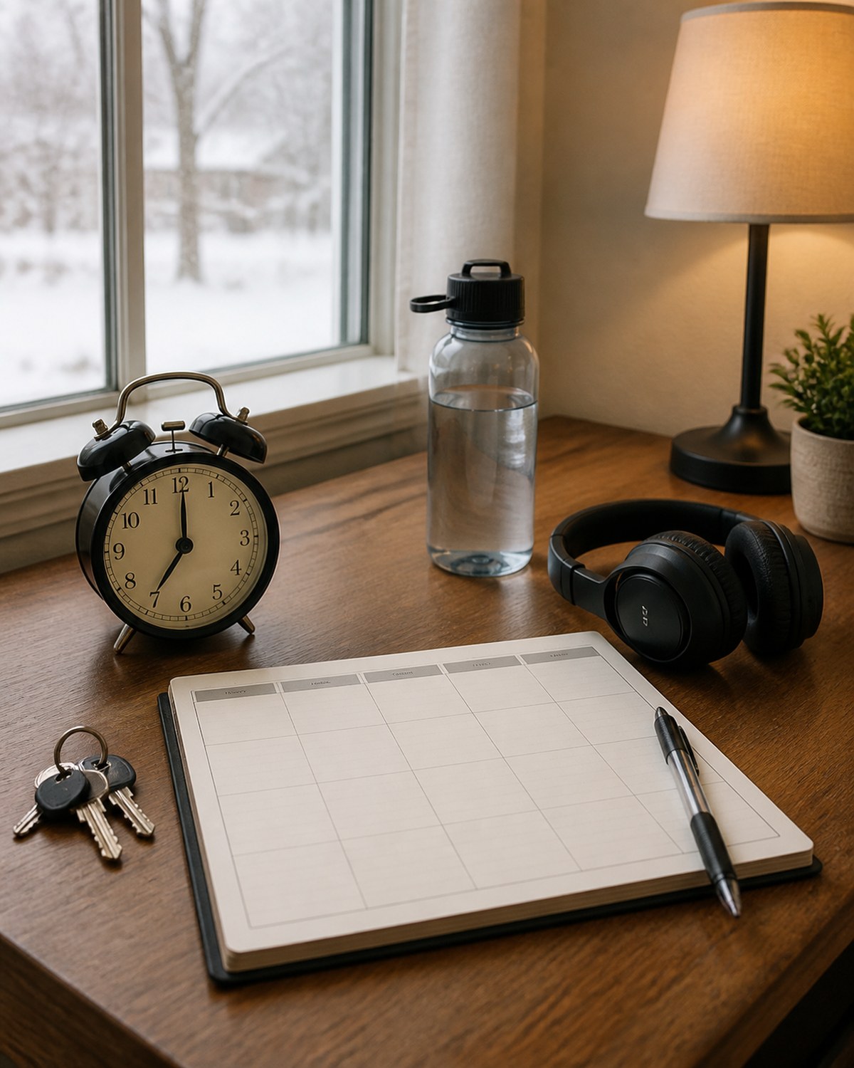 Desk with clock, water, keys, and planner for a structured daily routine