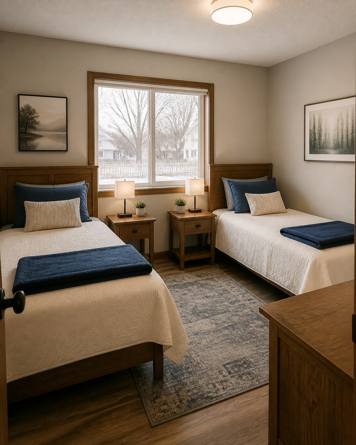 Two neatly made beds in a shared sober living bedroom