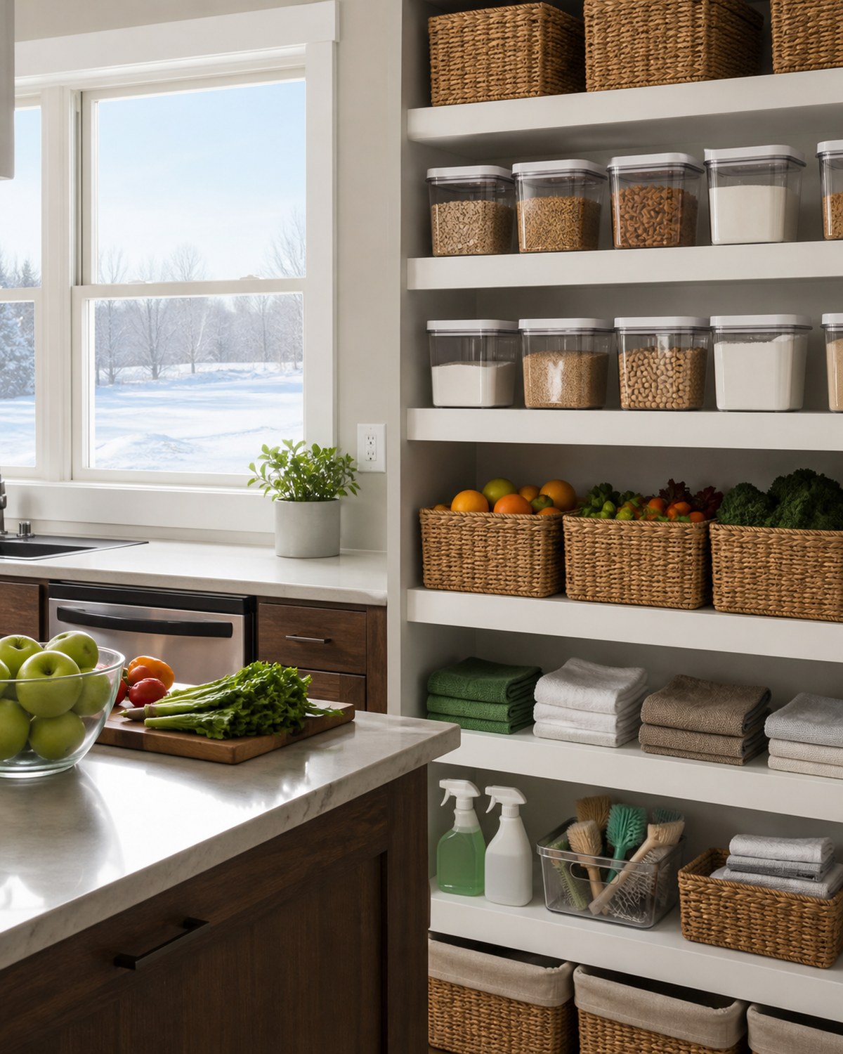 Organized shared pantry with healthy food and household supplies