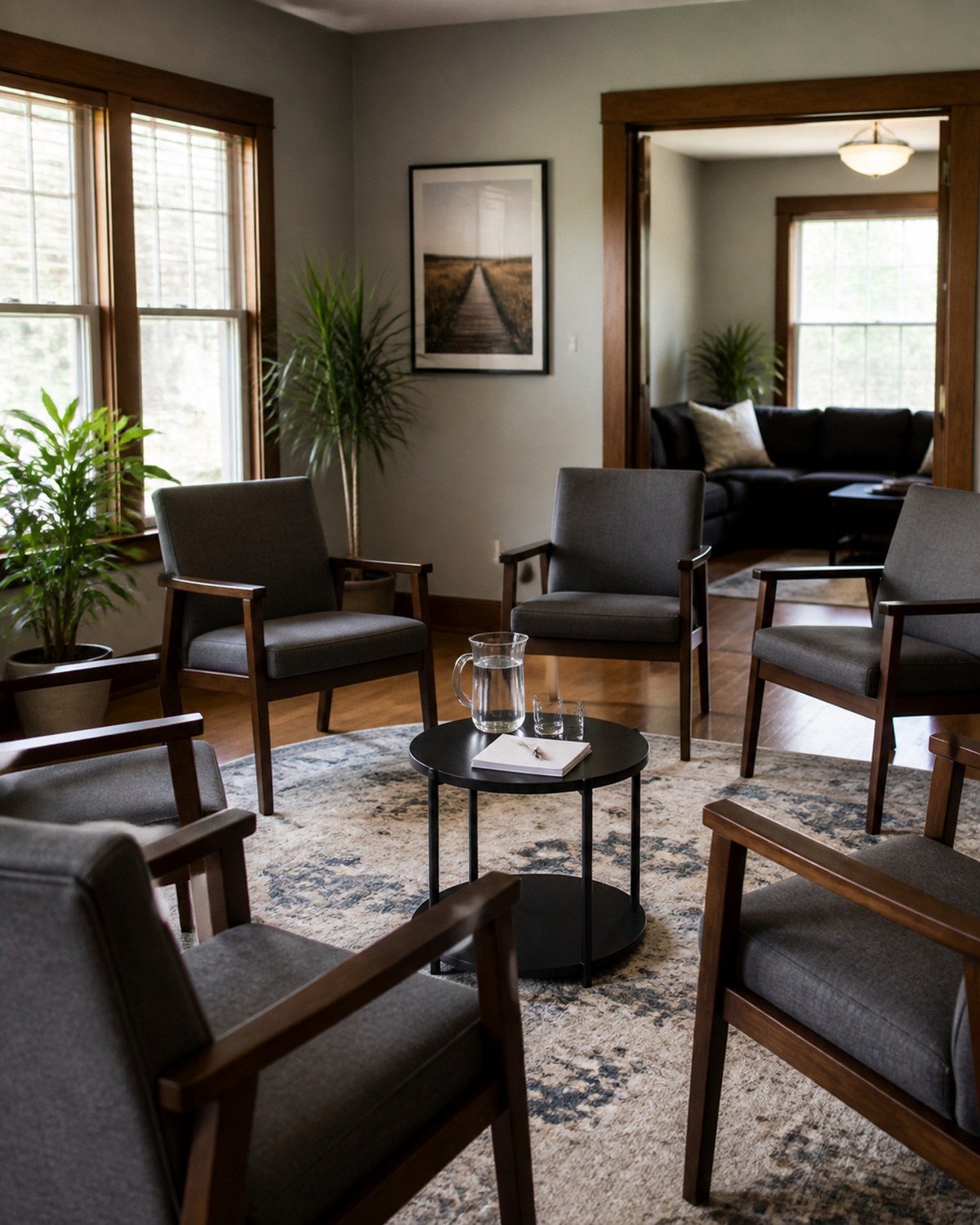 Empty chairs arranged for a community check-in inside a sober living home