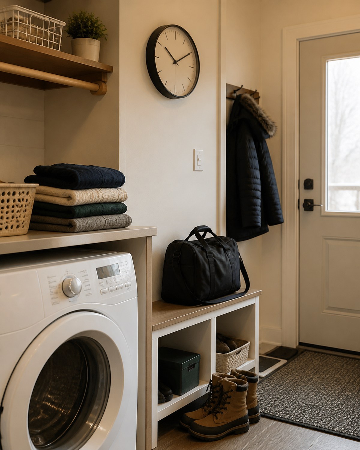 Organized laundry and entry area with folded clothes, winter boots, and work bag