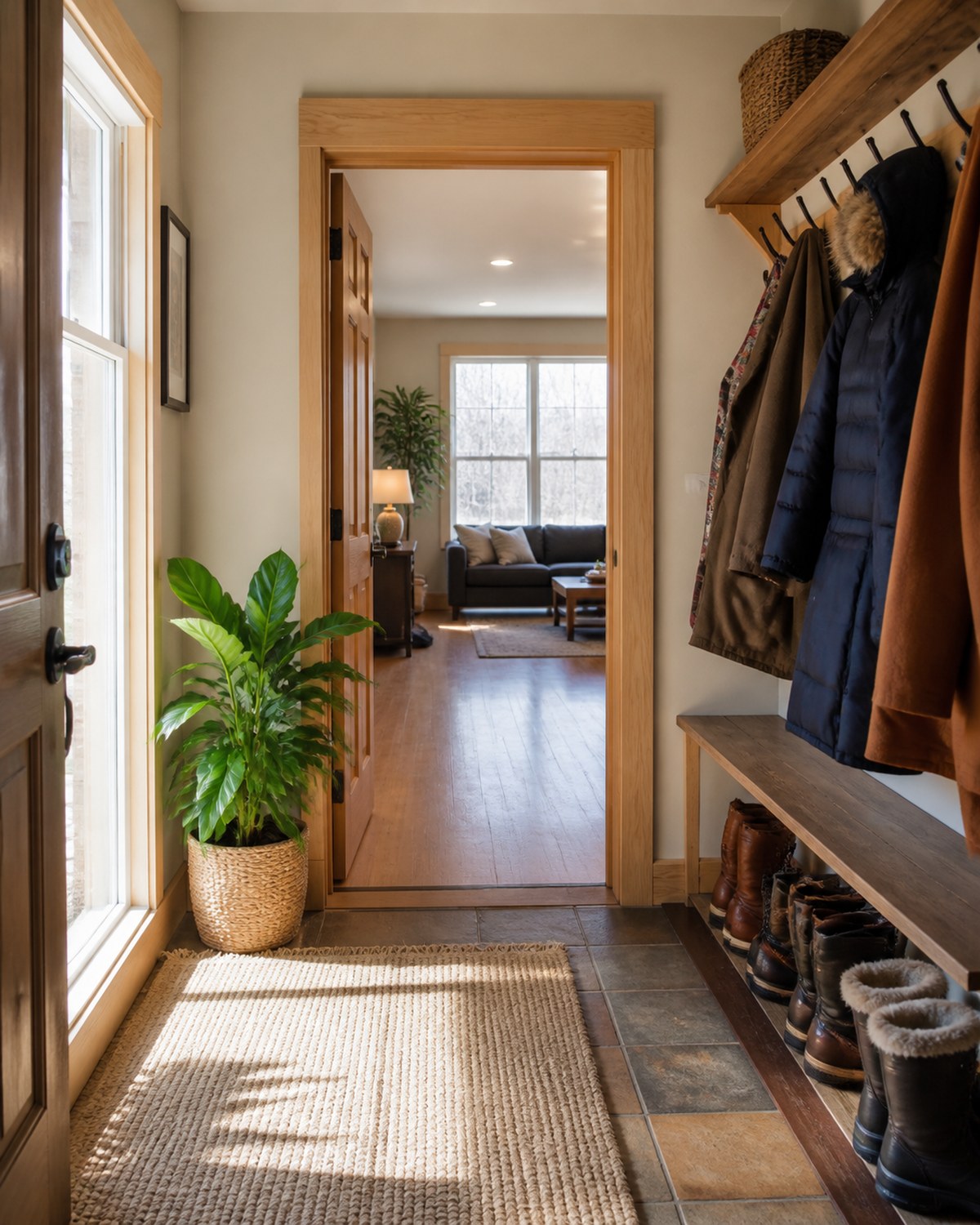 Bright entry hall leading into a warm North Dakota sober living home