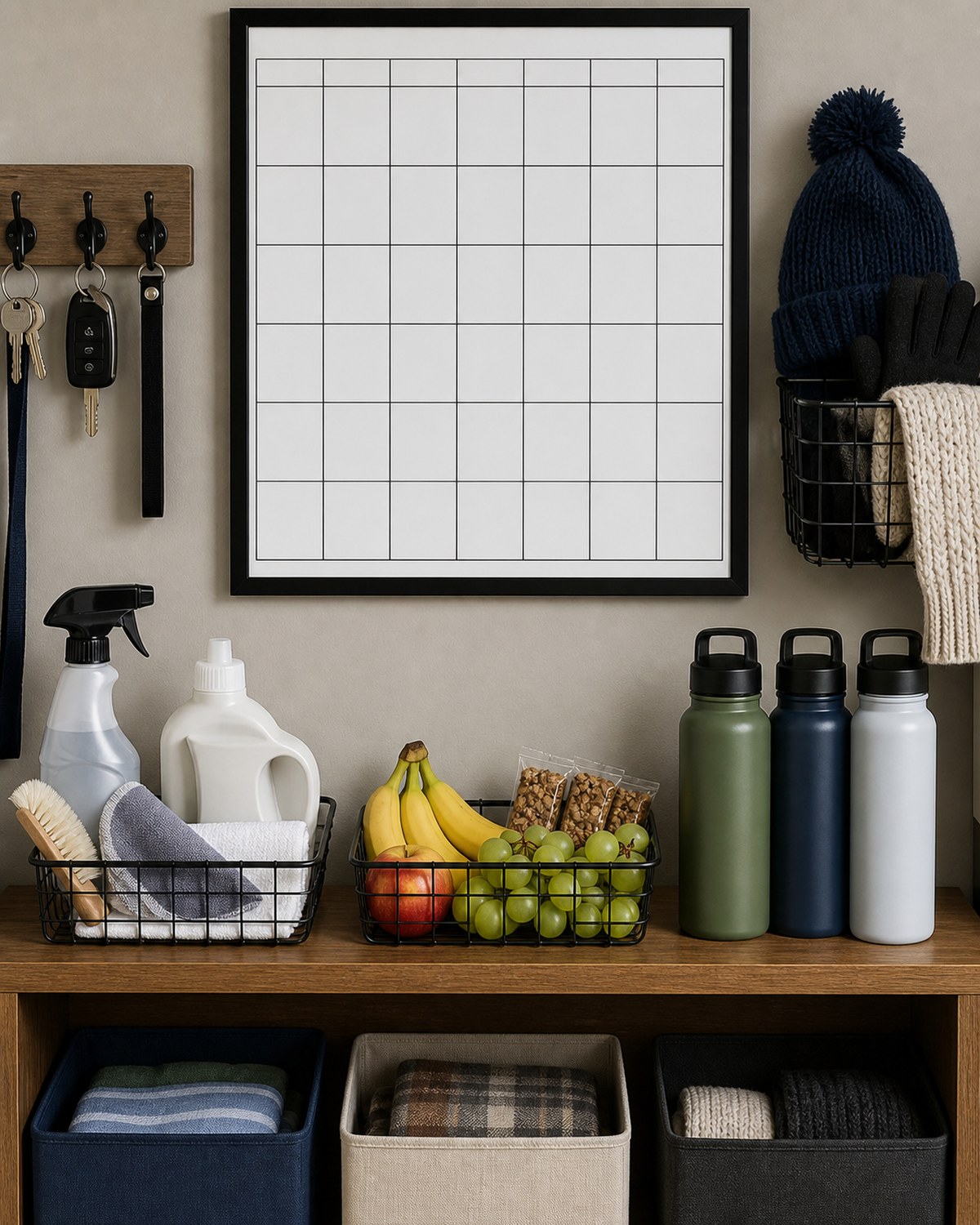 Organized routine station with blank calendar, winter items, and healthy snacks